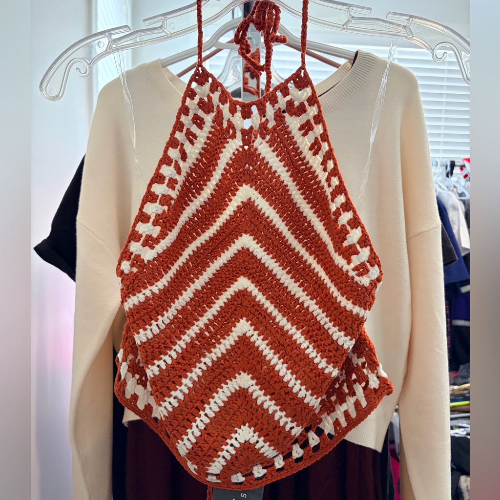 Sans Souci Rust And Cream Crochet Halter Top